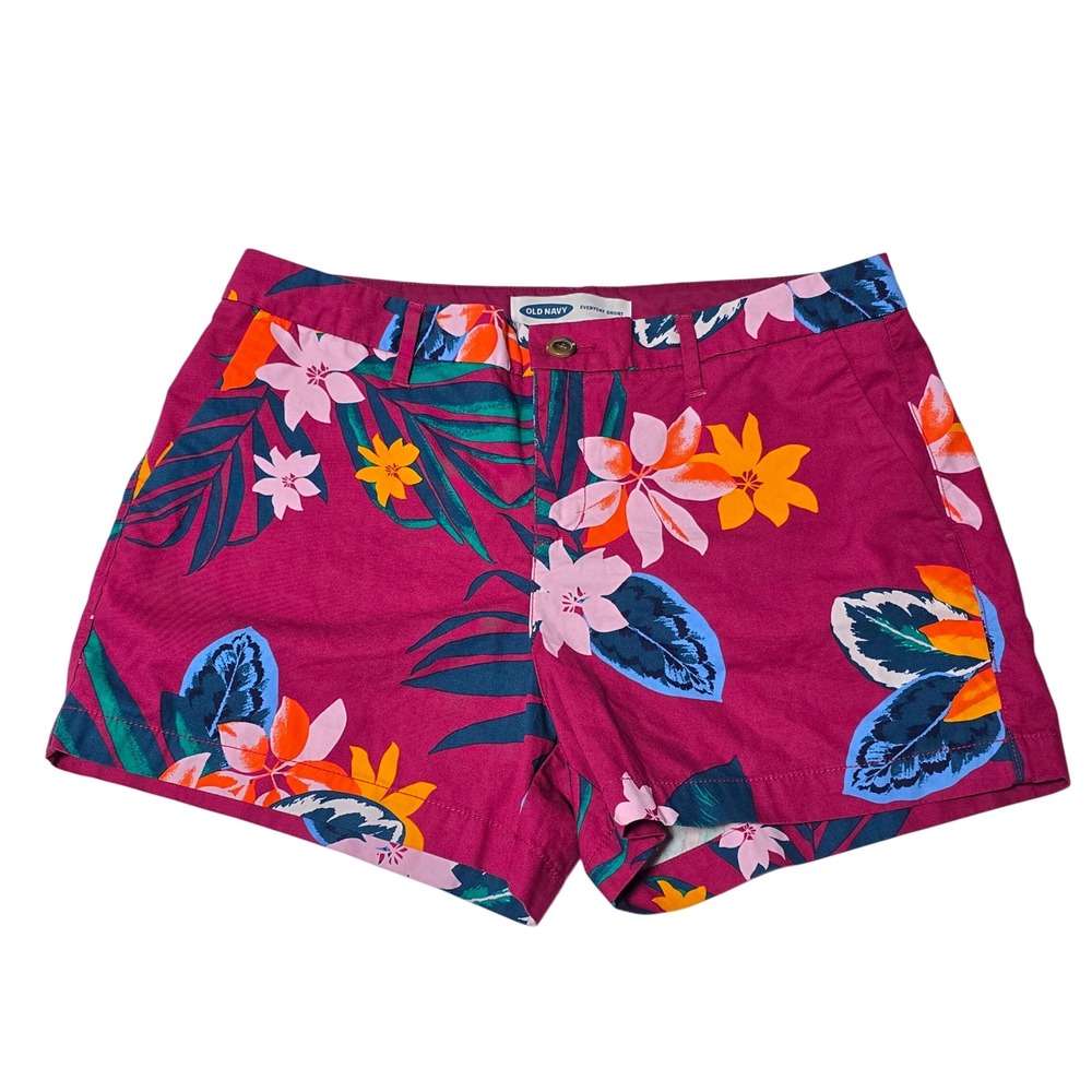 Old Navy Everyday Short Womens 10 Magenta Tropical Floral Cotton‎ Chino Shorts